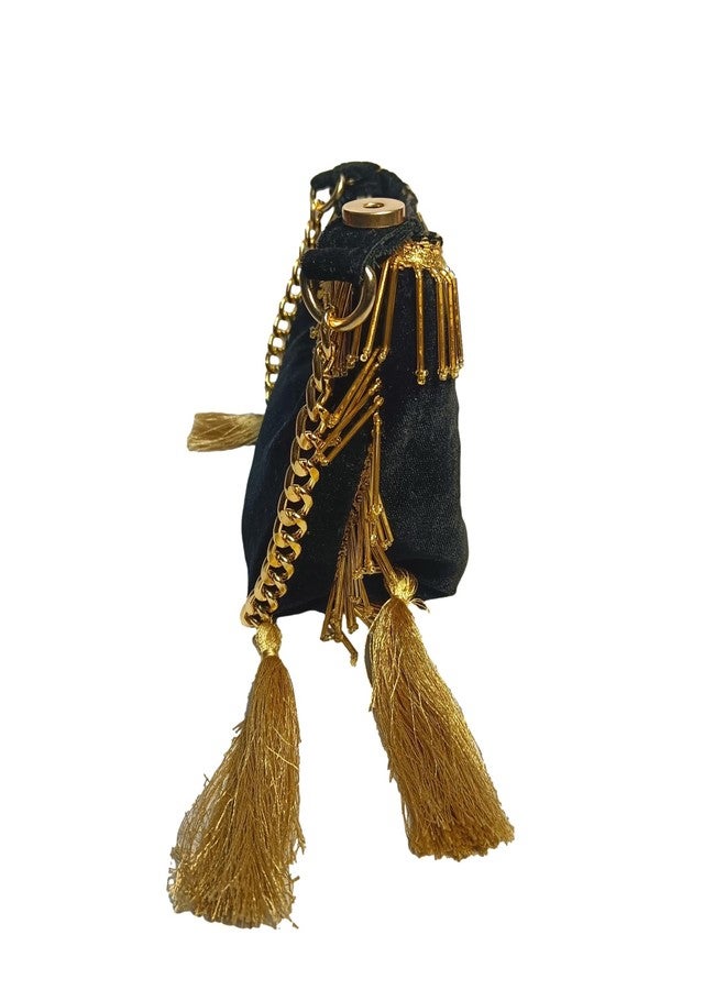 ATHZ Dark Green Velvet dual use potli pyramid/samosa shaped Potli which opens into small evening shoulder bag for ladies with Golden chain tassel embellishment - Image 3